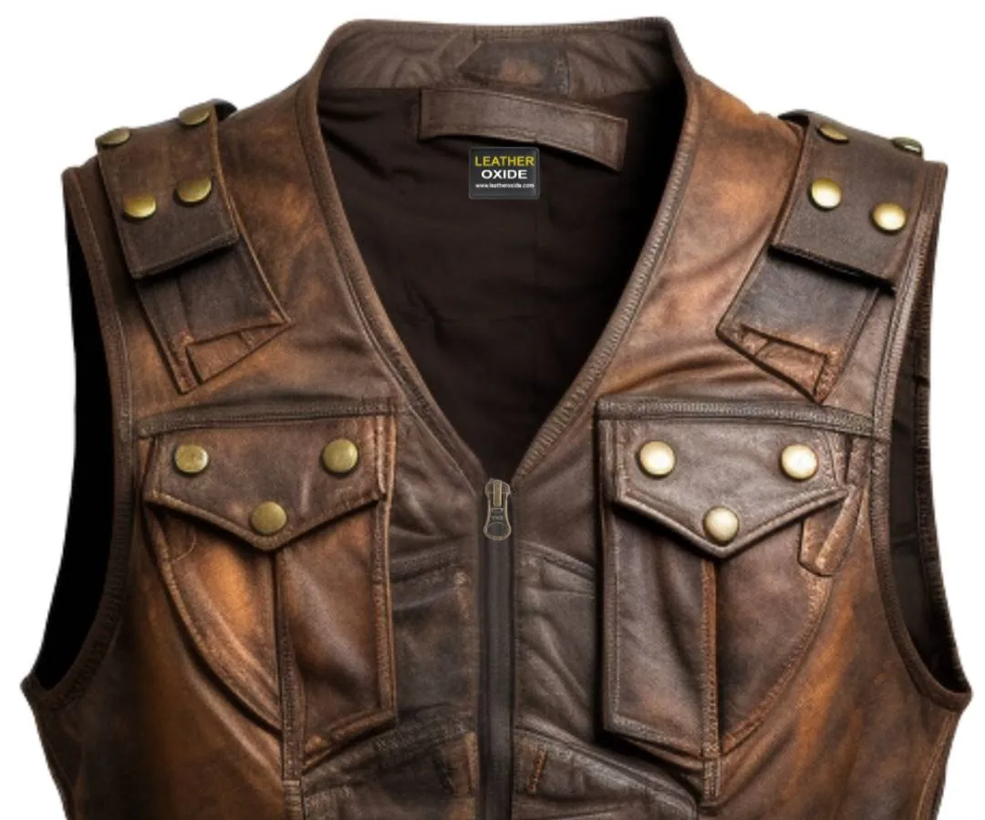 Men Vintage Brown Military Vest - Men Leather Vest