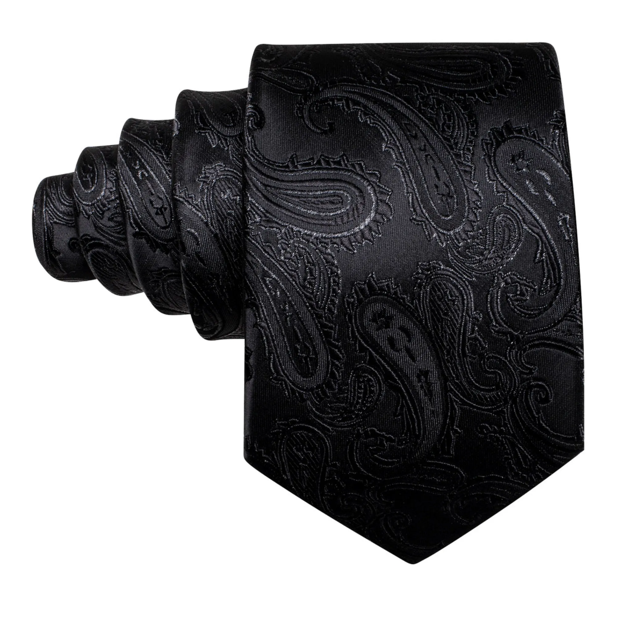 Men's Black Paisley 100% Silk Neck Tie With Matching Hanky And Cufflinks Set