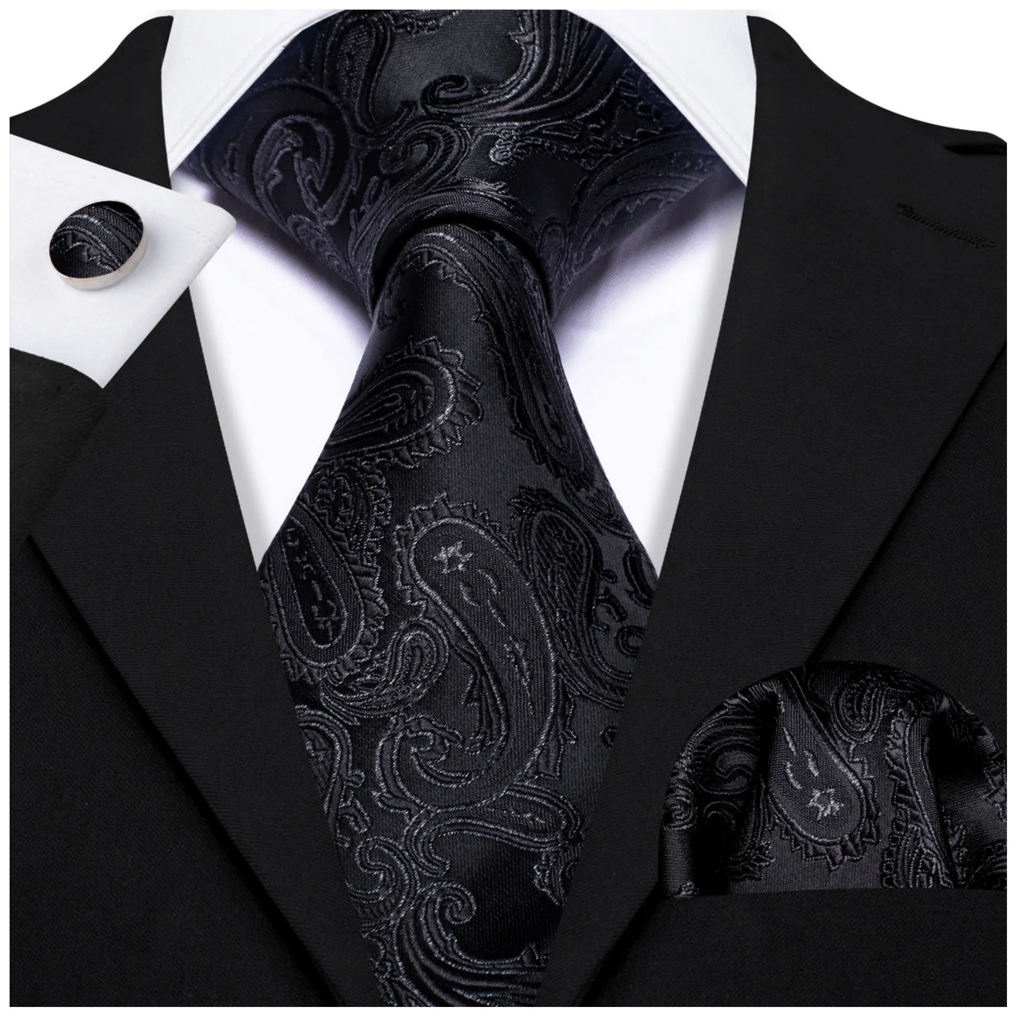 Men's Black Paisley 100% Silk Neck Tie With Matching Hanky And Cufflinks Set