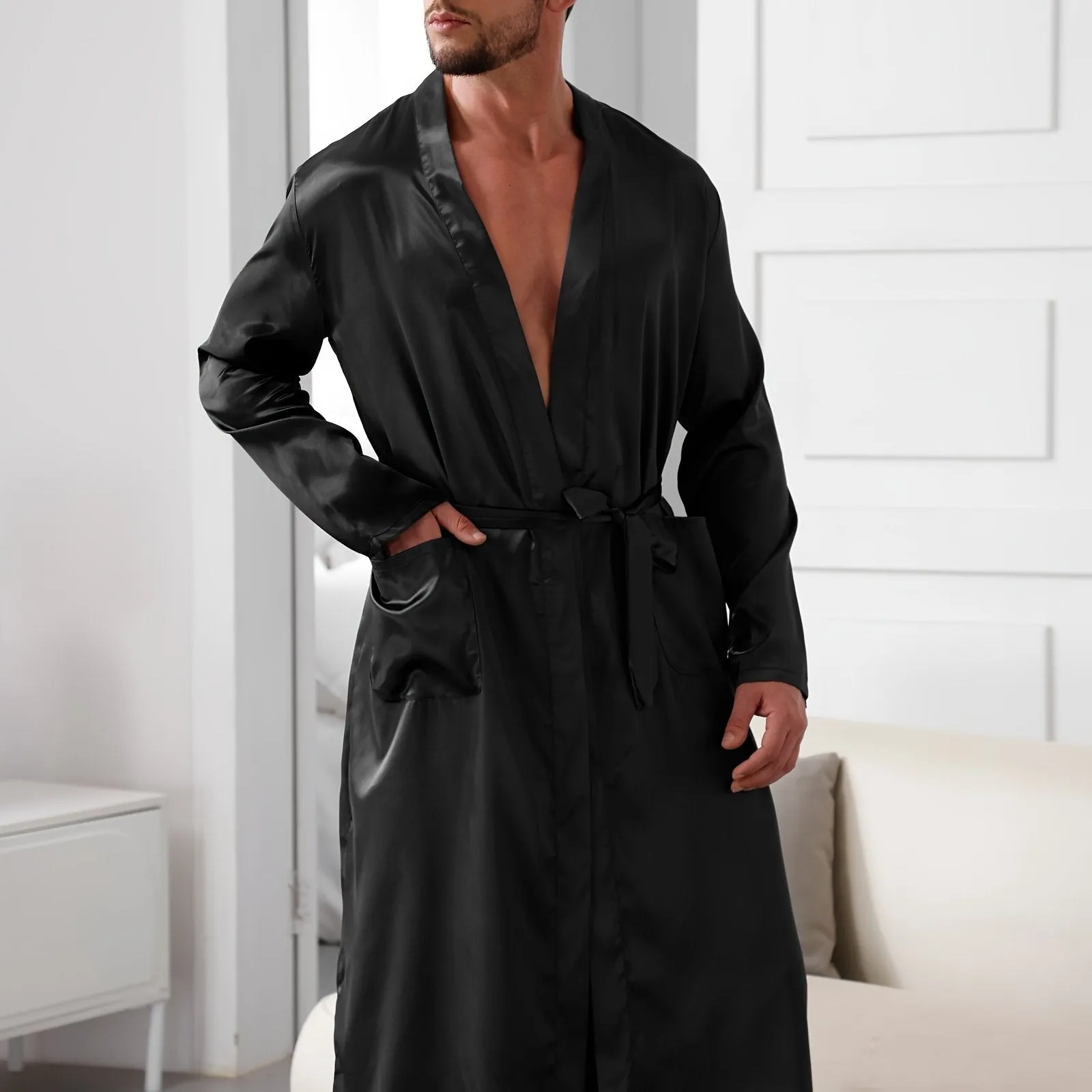 Mens Comfort V-Neck Robe Set - Soft Polyester Lounge Wear with Adjustable Waist Tie for Relaxed Fit, Ideal for Home and Bedroom Use All Year Round