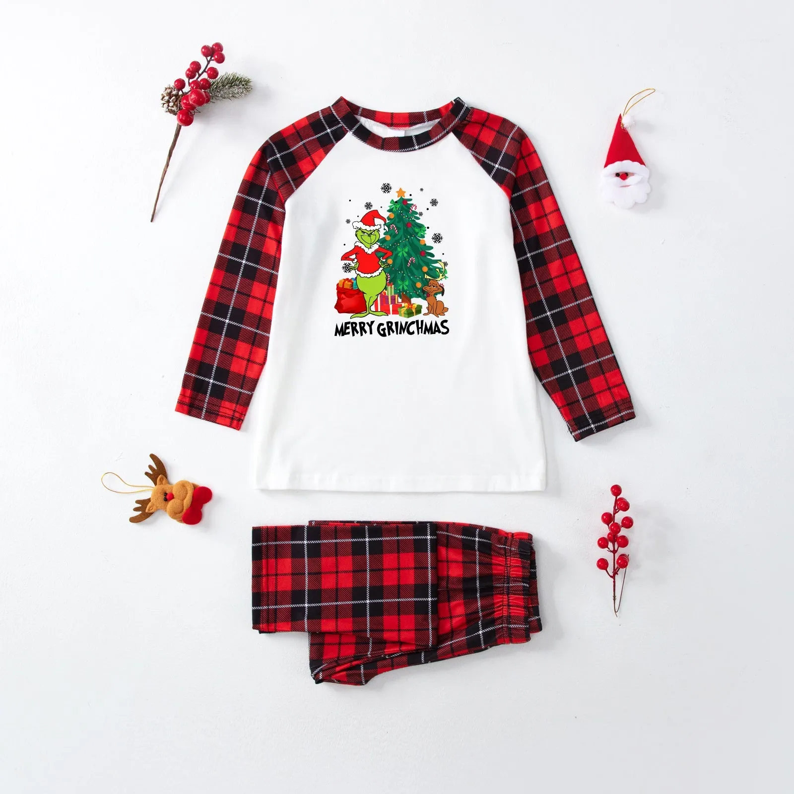 Merry Grinchmas classic plaid family cotton pajamas set