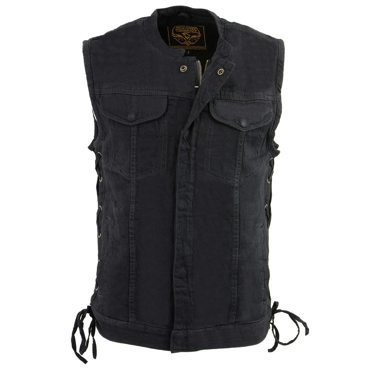 Milwaukee Leather MDM3002 Men's ‘Covert’ Black Denim Club Style Vest with Side Lace Adjustment