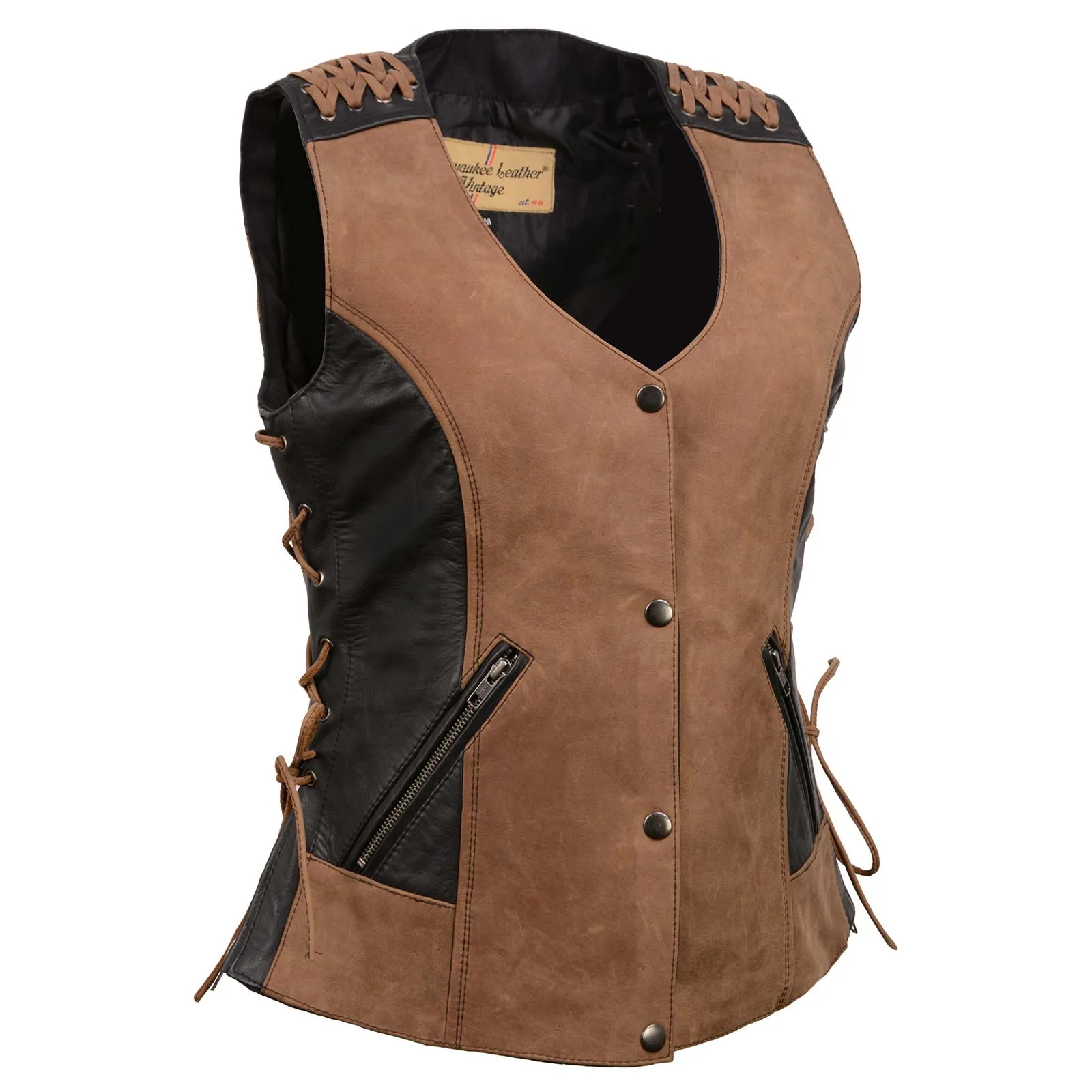 Milwaukee Leather MLL4509 Women's 'Smoocher' Vintage Two Tone Crazy Horse Brown and Black Leather Club Style Motorcycle Vest