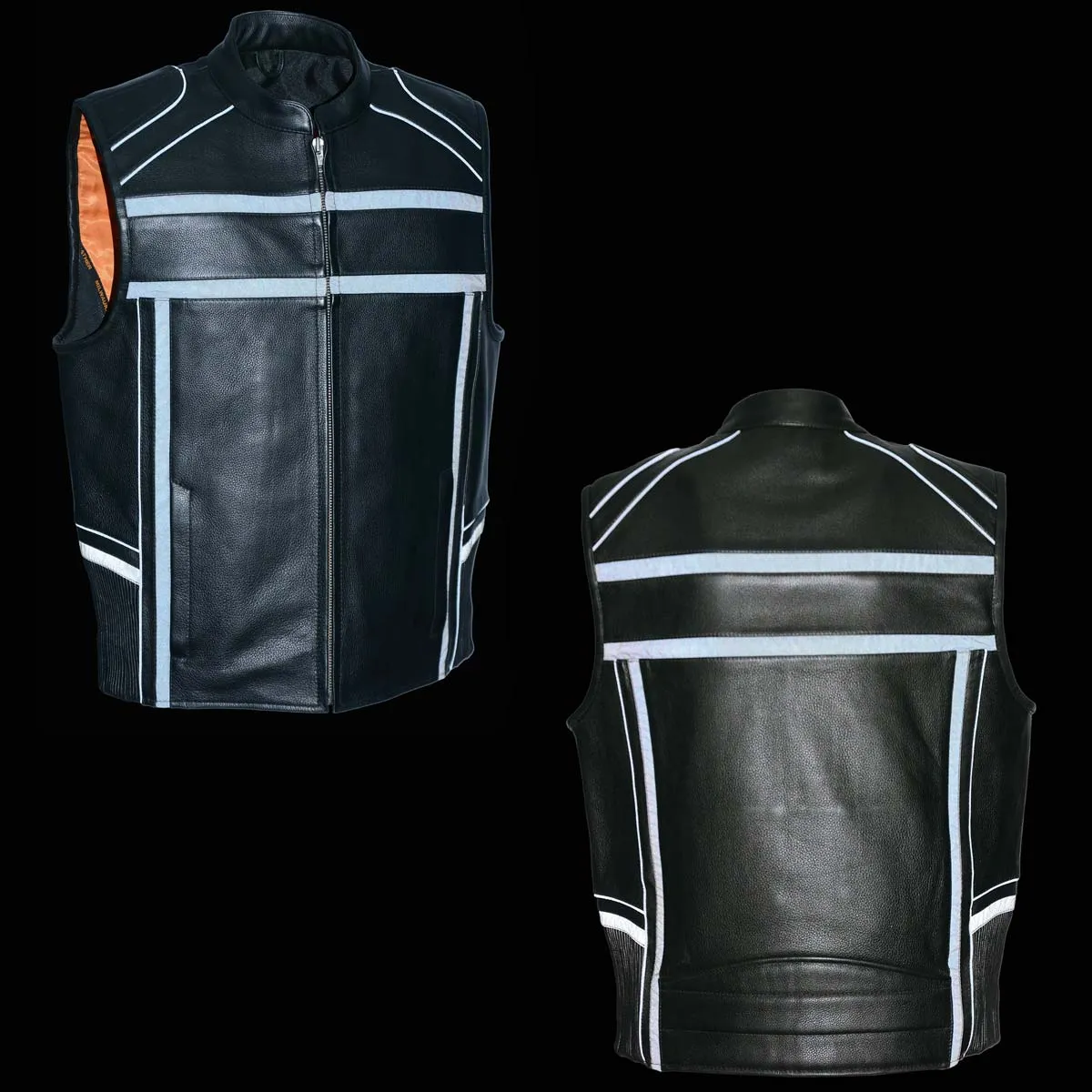 Milwaukee Leather MLM3560 Men's Black Leather Vest - Reflective Piping Elasticized Waist Open Neck Motorcycle Vest