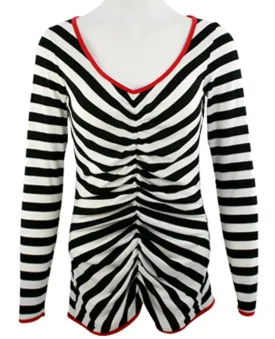 Nally & Millie - Black & White Stripes, Trimmed V-Neck Long Sleeve Top