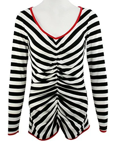 Nally & Millie - Black & White Stripes, Trimmed V-Neck Long Sleeve Top