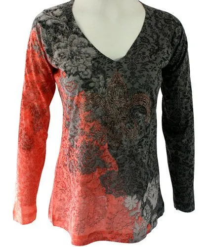 Nally & Millie, Crystal Accented, Geometric Print, Burnout Top - Crystal Fleur de Lys