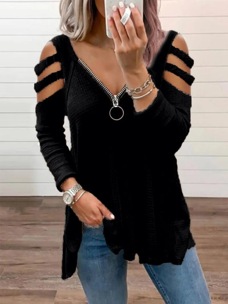 New style long-sleeved sexy low-cut zipper solid color shoulder strap long-sleeved T-shirt