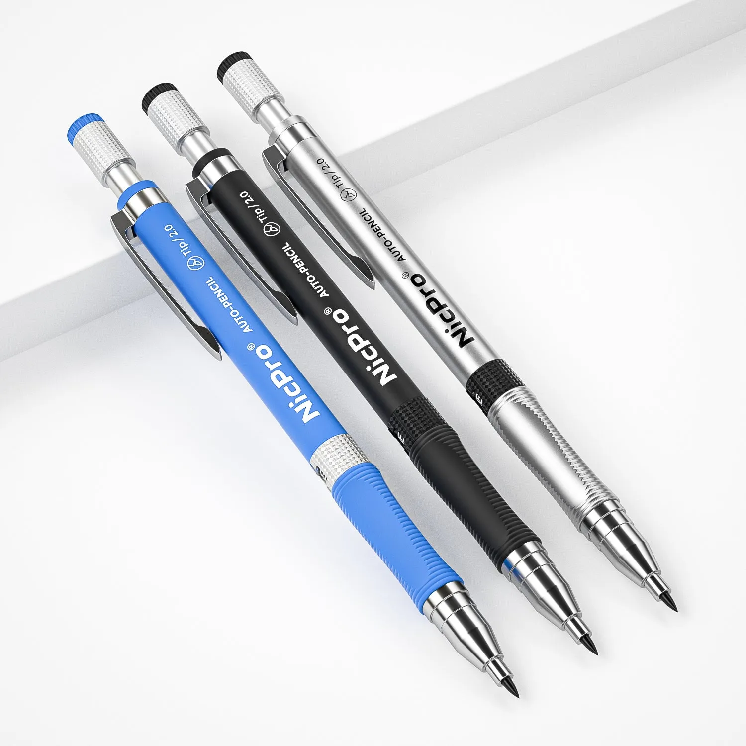 Nicpro 2mm Mechanical Pencil Set, 3 PCS Artist Drafting Clutch Pencil 2.0 mm for Art Drawing Writing Sketching with 6 Tube Pre-Sharpen HB & 2B Refill, Eraser, Sharpener, Propelling Lead Holder