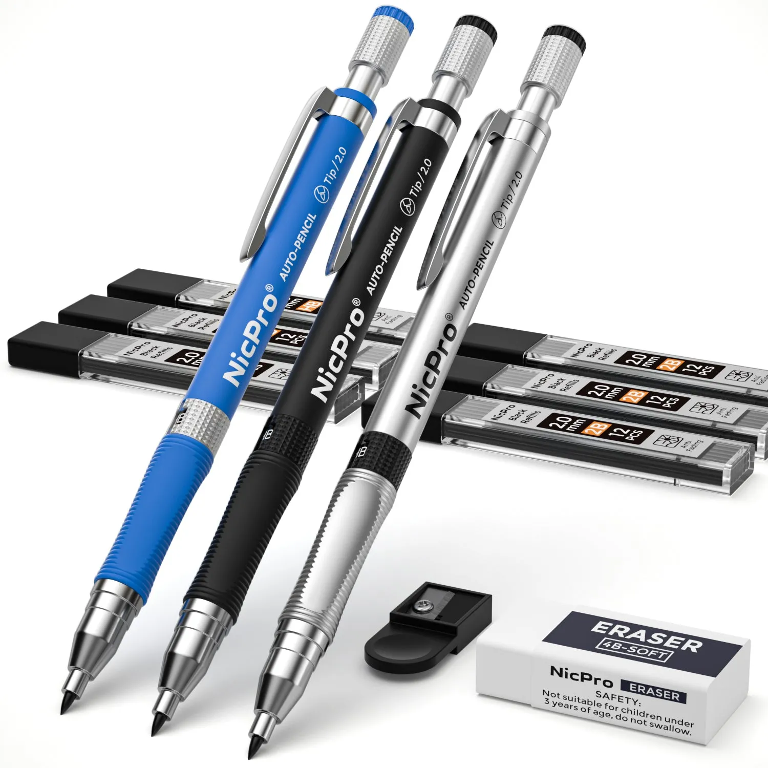 Nicpro 2mm Mechanical Pencil Set, 3 PCS Artist Drafting Clutch Pencil 2.0 mm for Art Drawing Writing Sketching with 6 Tube Pre-Sharpen HB & 2B Refill, Eraser, Sharpener, Propelling Lead Holder