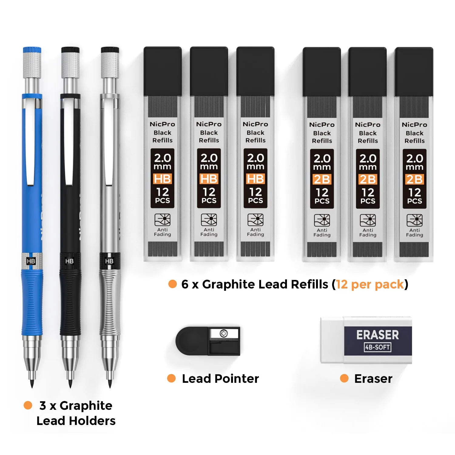 Nicpro 2mm Mechanical Pencil Set, 3 PCS Artist Drafting Clutch Pencil 2.0 mm for Art Drawing Writing Sketching with 6 Tube Pre-Sharpen HB & 2B Refill, Eraser, Sharpener, Propelling Lead Holder