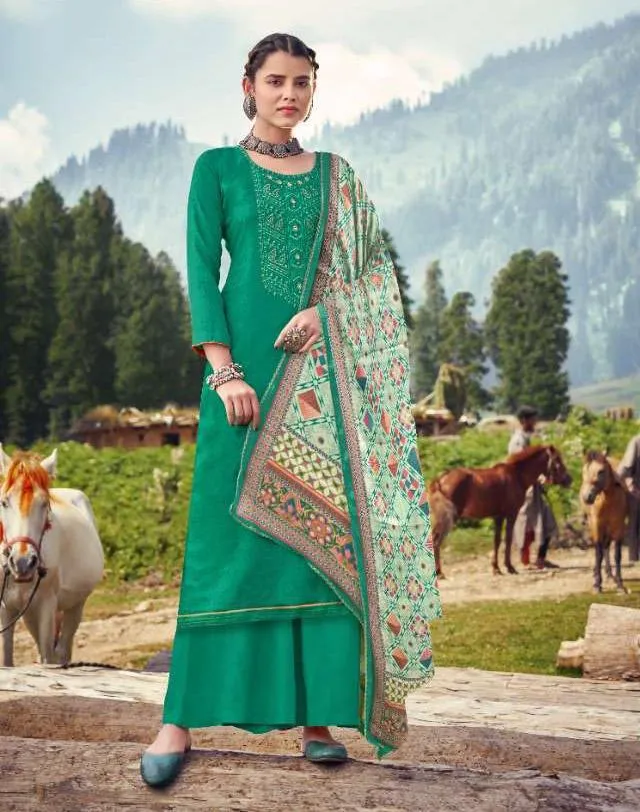 Pashmina Green Winter Unstitched Suit Material With Dupatta