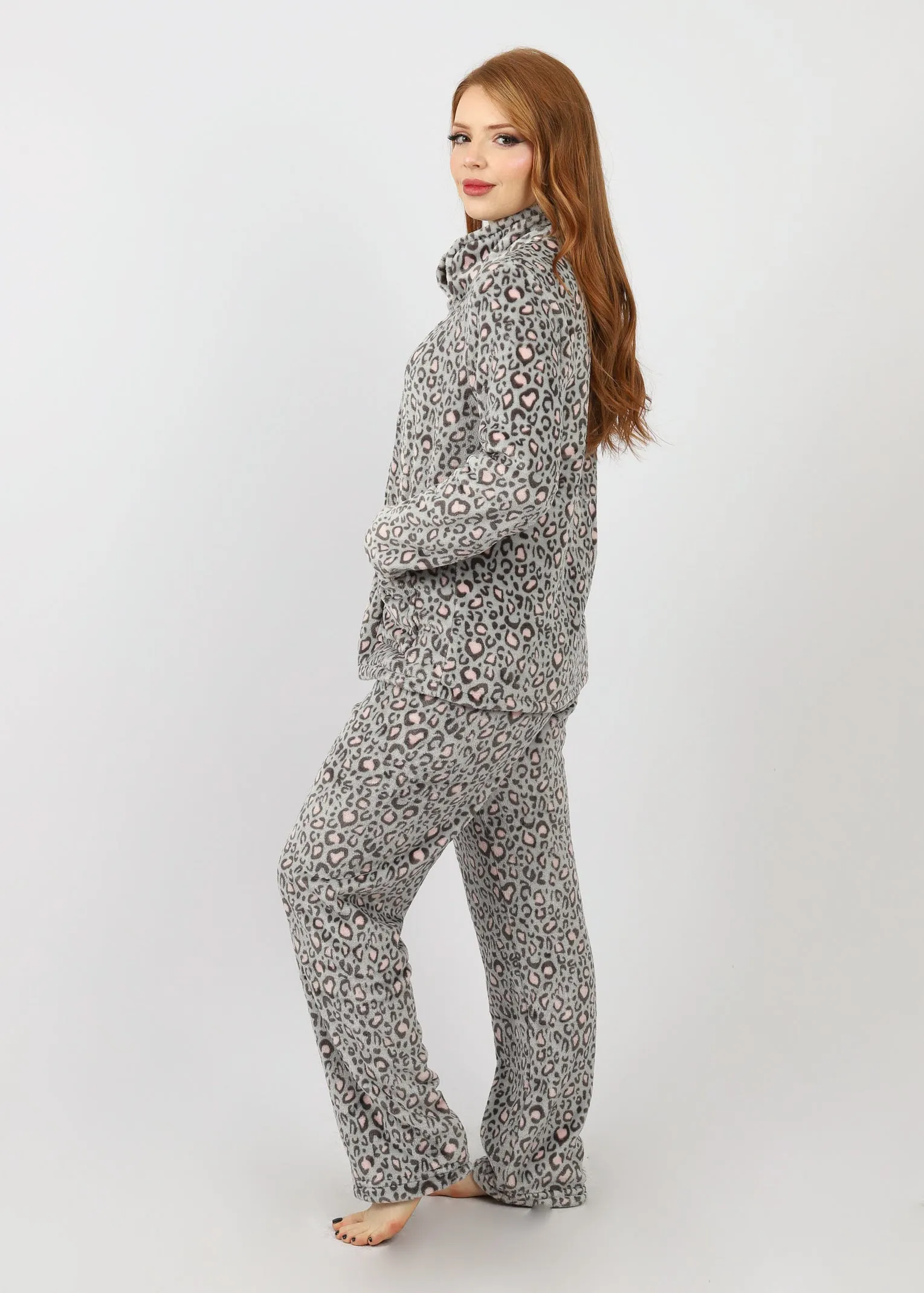 Pink Grey Leopard Button PJ Set