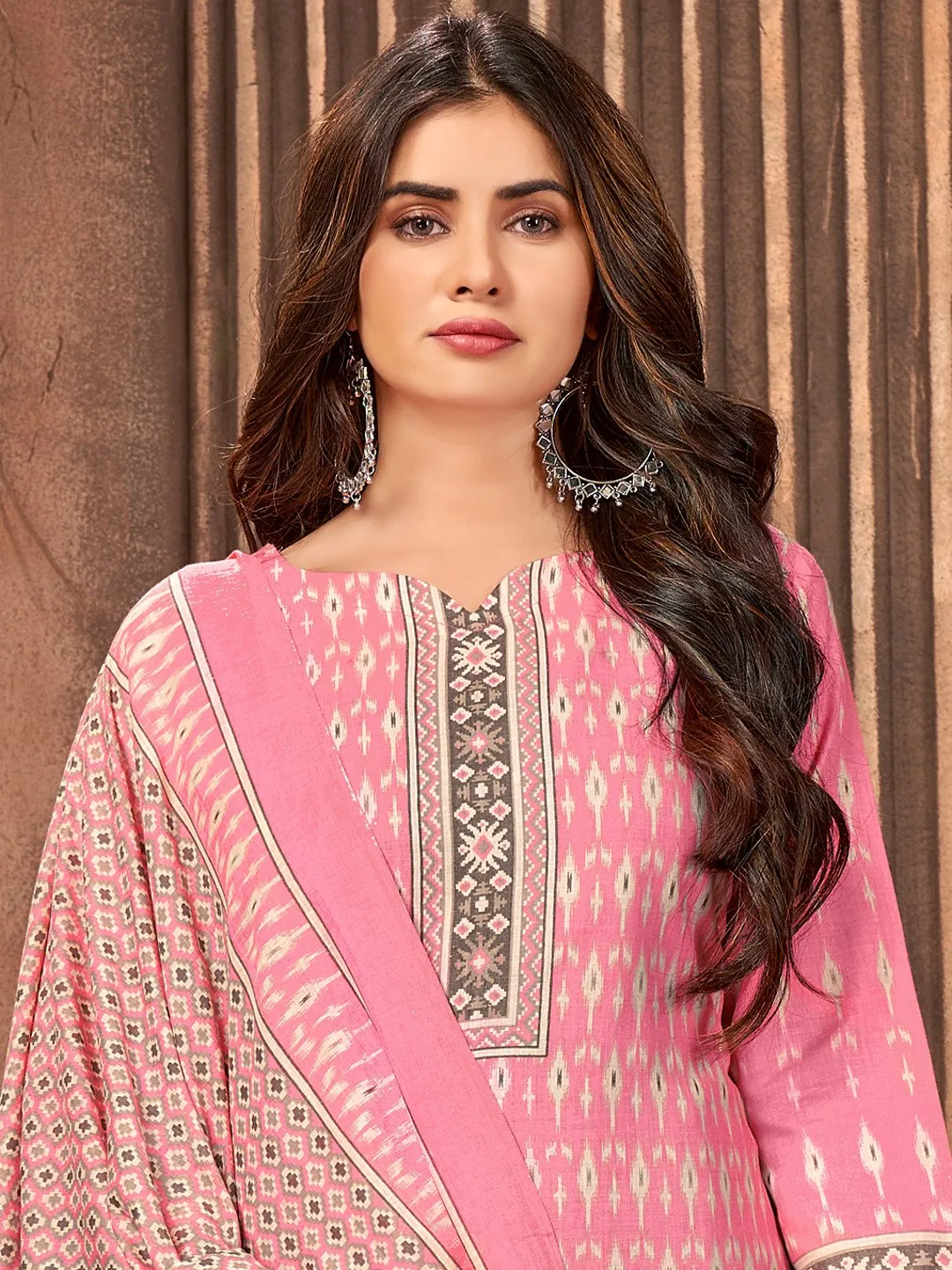 Printed Cotton Pink Un-Stitched Suit Material