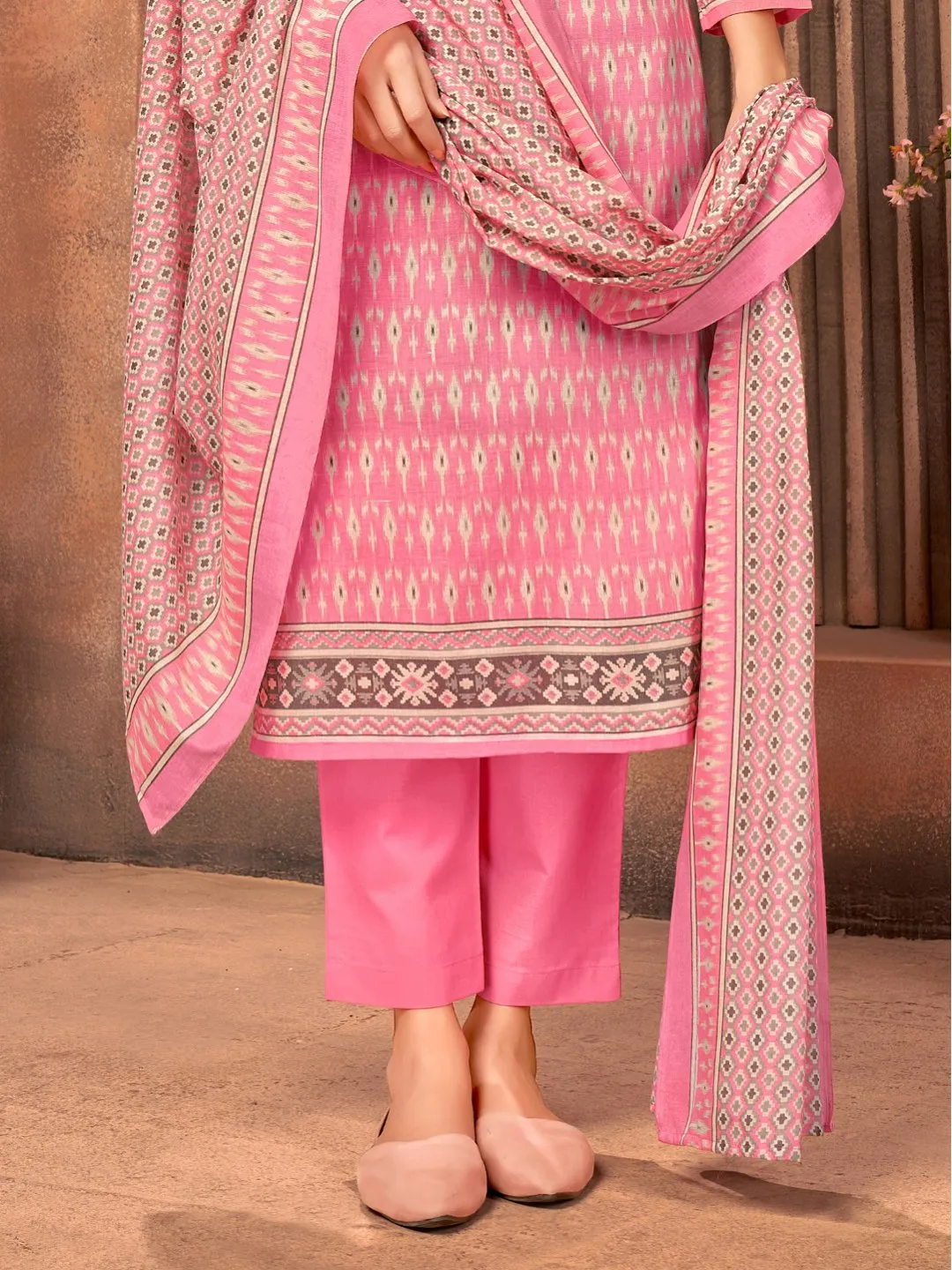 Printed Cotton Pink Un-Stitched Suit Material