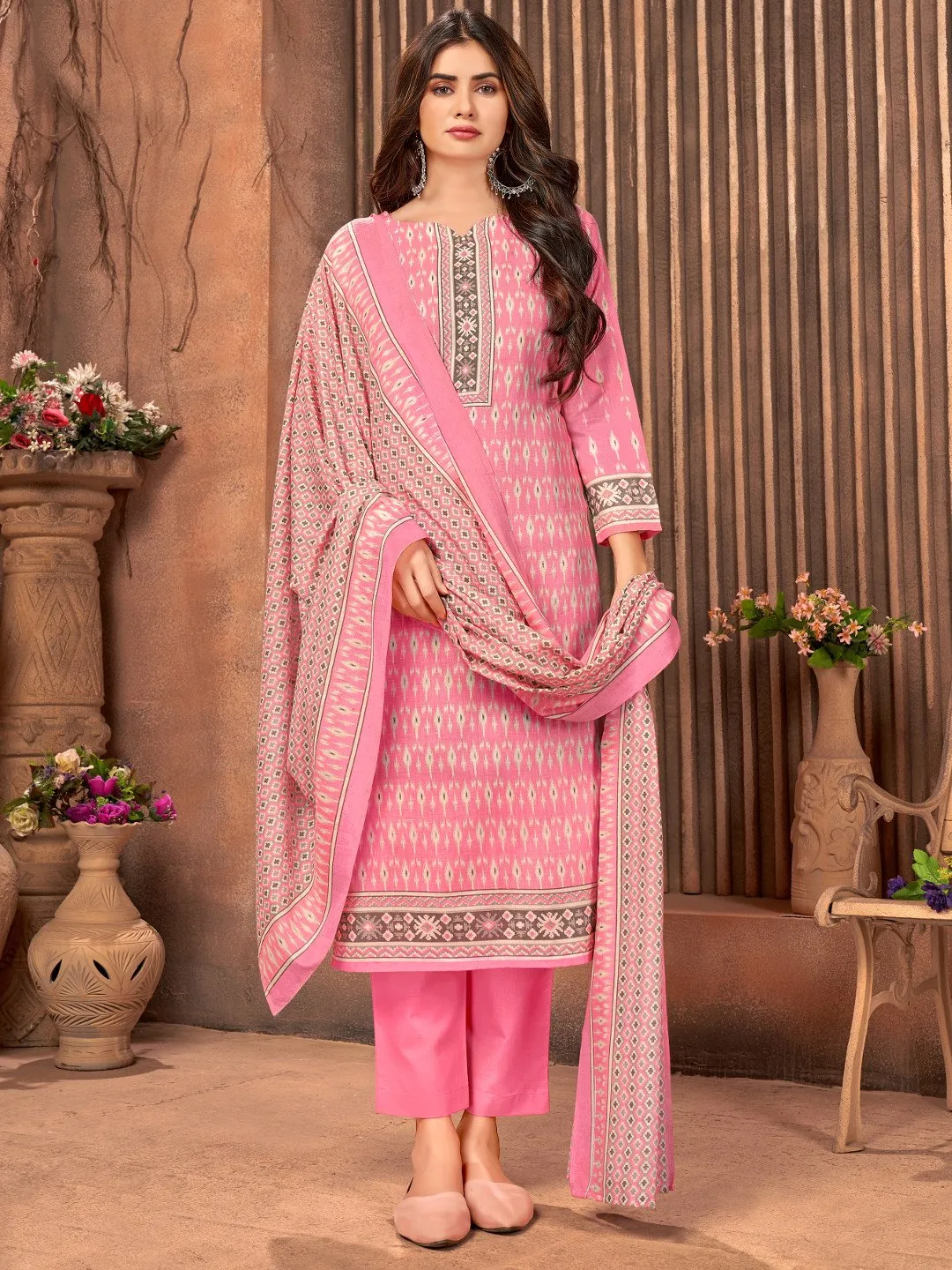 Printed Cotton Pink Un-Stitched Suit Material