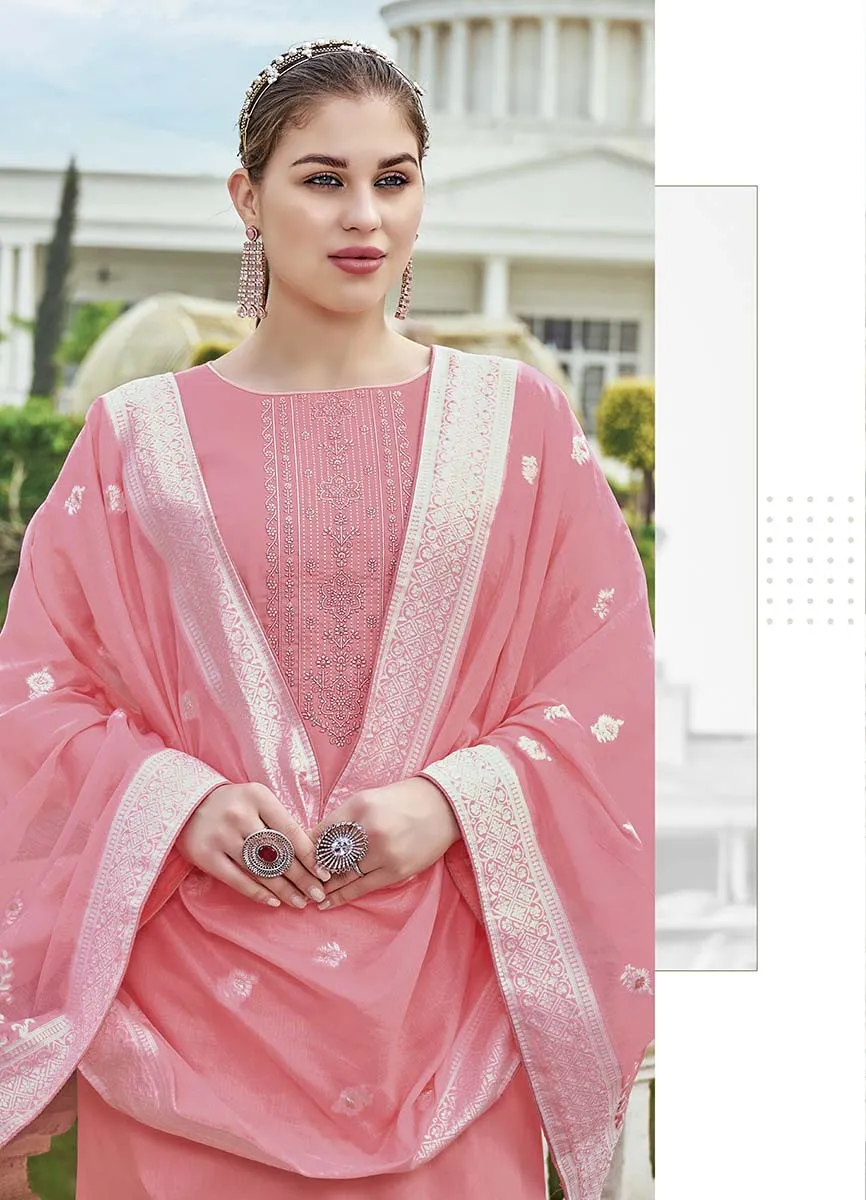 Pure Cotton Pink Unstitched Suit Material with Lucknowi Work