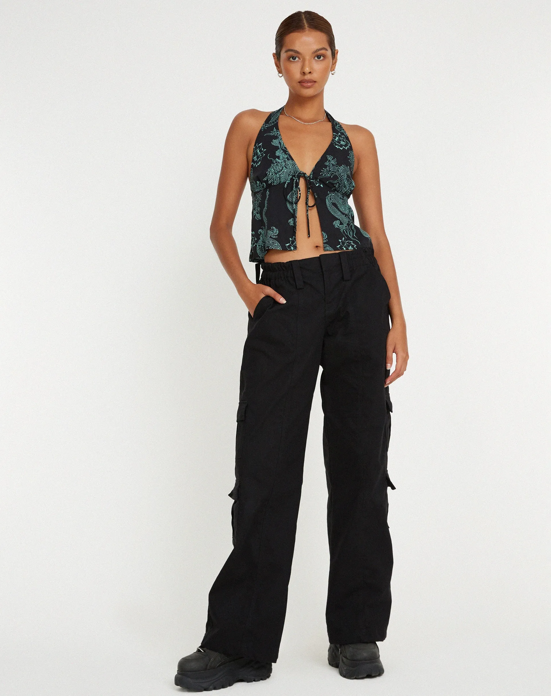 Roula Halter Top in Dragon Flower Black Mint