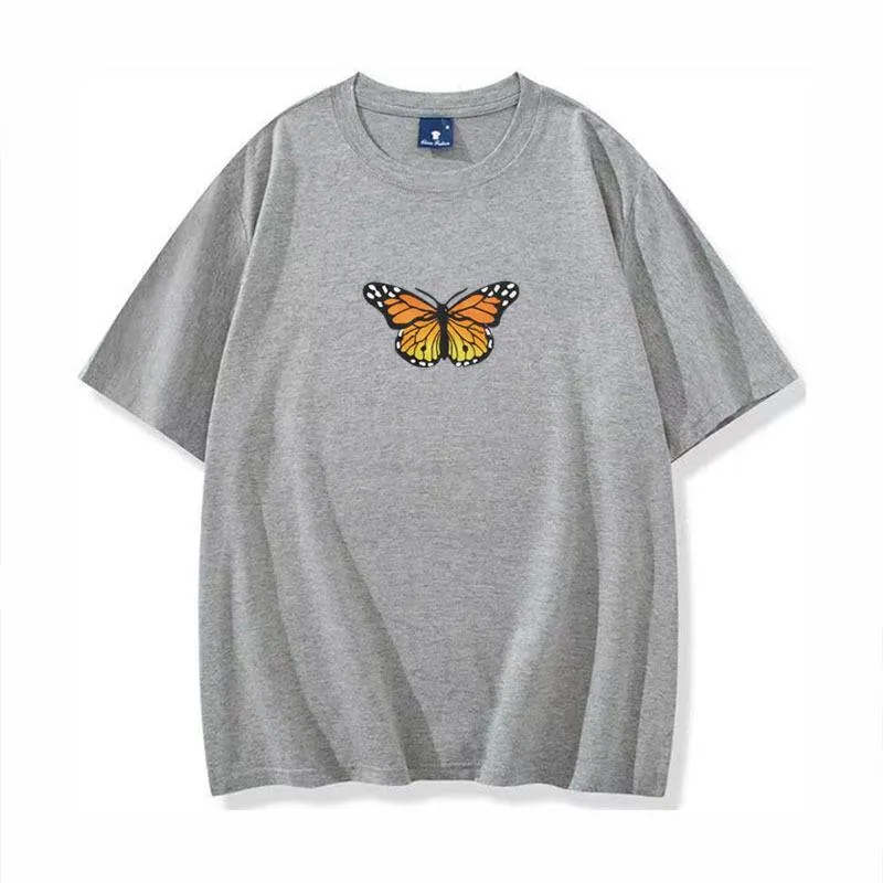 Short sleeve cotton butterfly print crew neck pullover casual