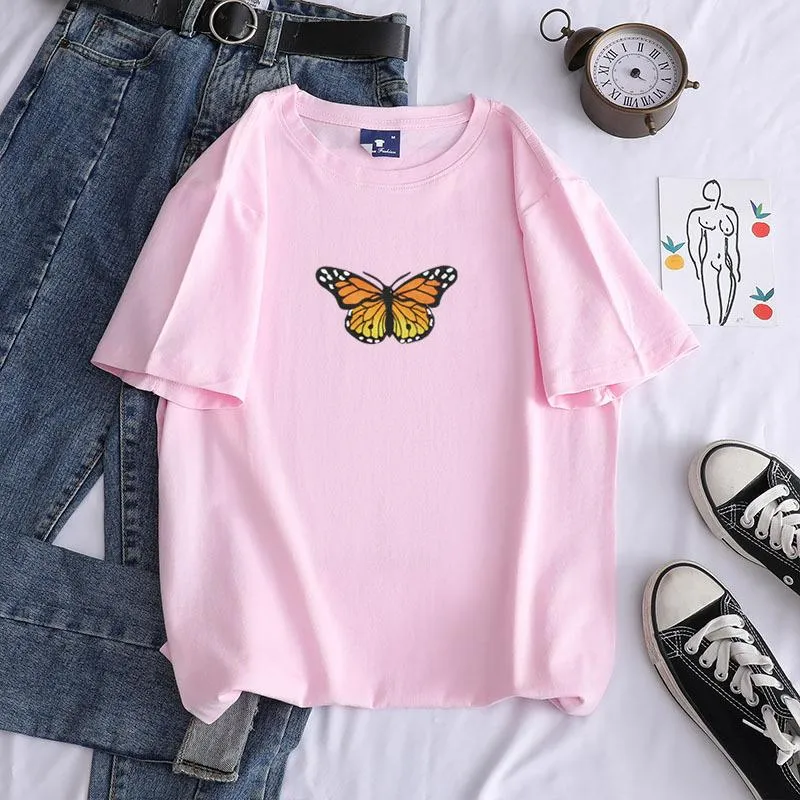 Short sleeve cotton butterfly print crew neck pullover casual