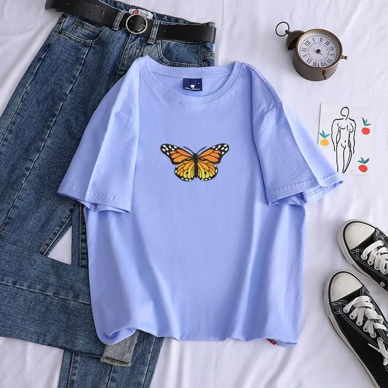 Short sleeve cotton butterfly print crew neck pullover casual