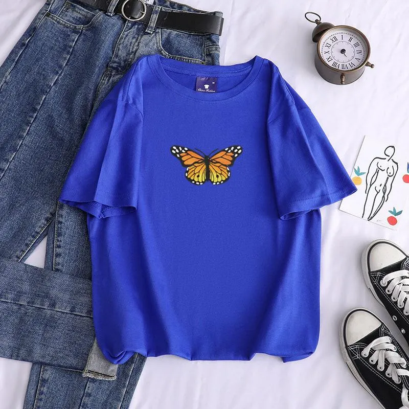 Short sleeve cotton butterfly print crew neck pullover casual