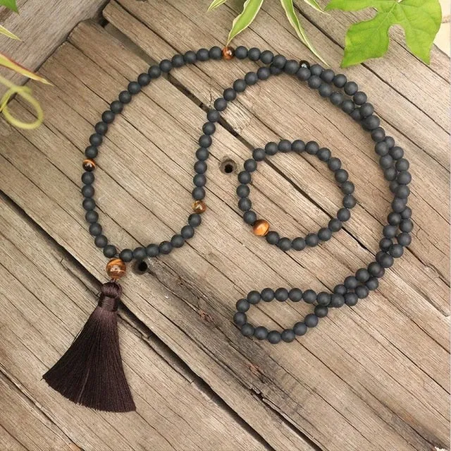 Tigers Eye & Black Onyx Bracelet/Necklace/Mala Set