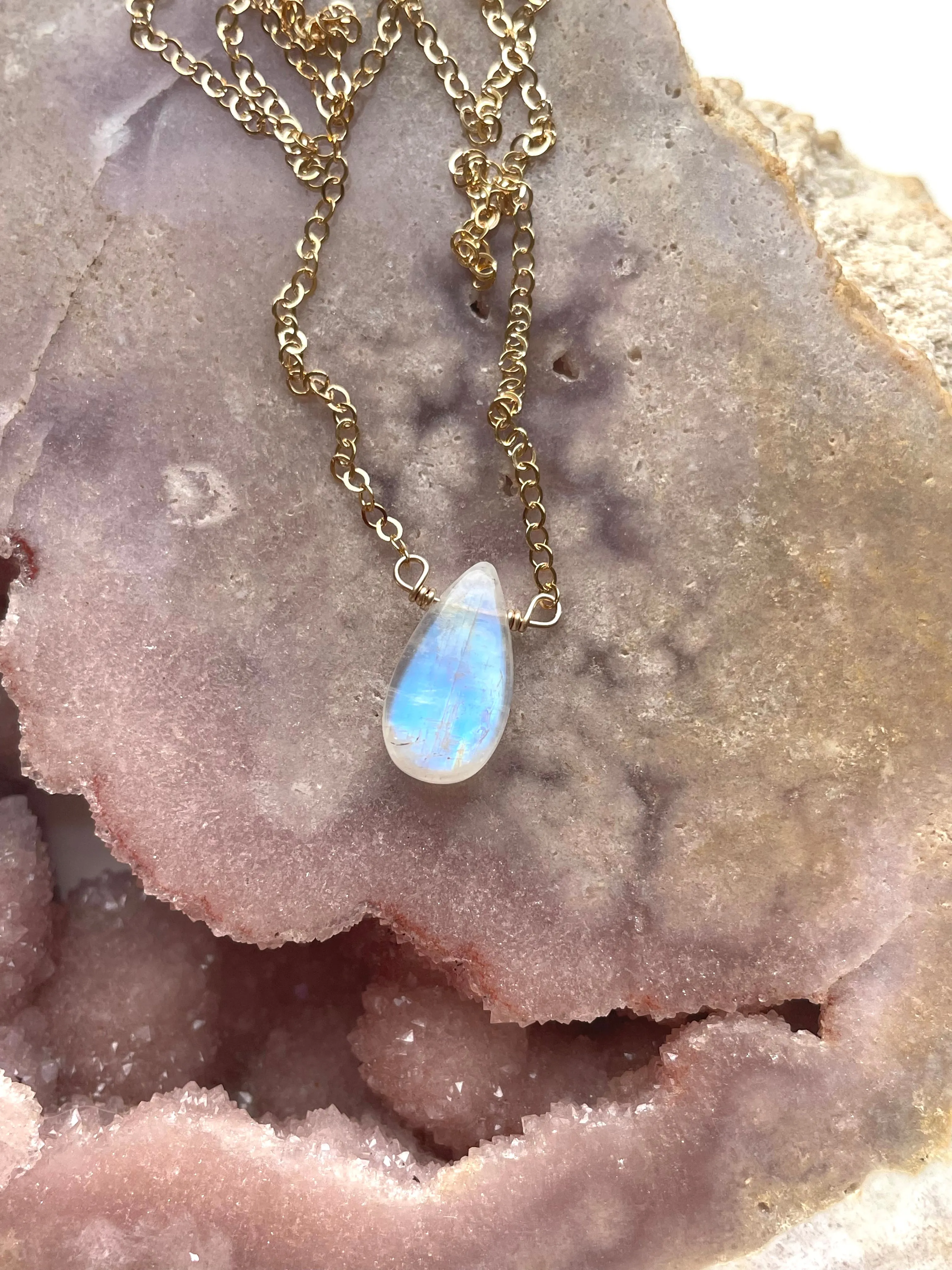 Tiny Rainbow Moonstone Pendant Necklace Sterling Silver or Gold Filled