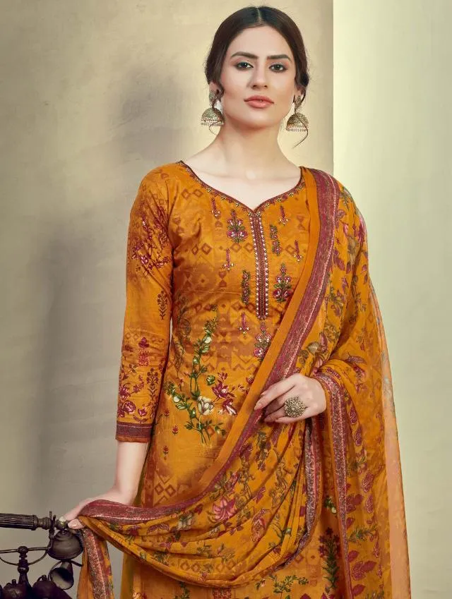 Unstitched Yellow Cotton Embroidery Suits Dress Material