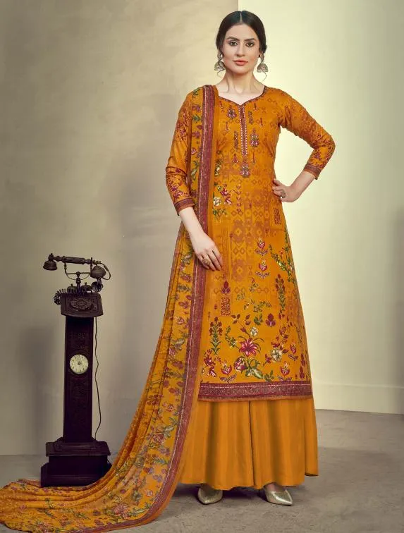 Unstitched Yellow Cotton Embroidery Suits Dress Material