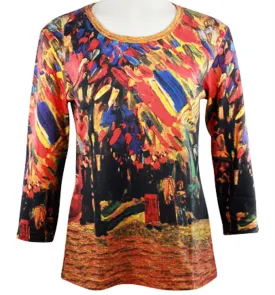 Van Gogh Fourteenth of July, Scoop Neck, Hand Silk Screened 3/4 Sleeve Artistic Top