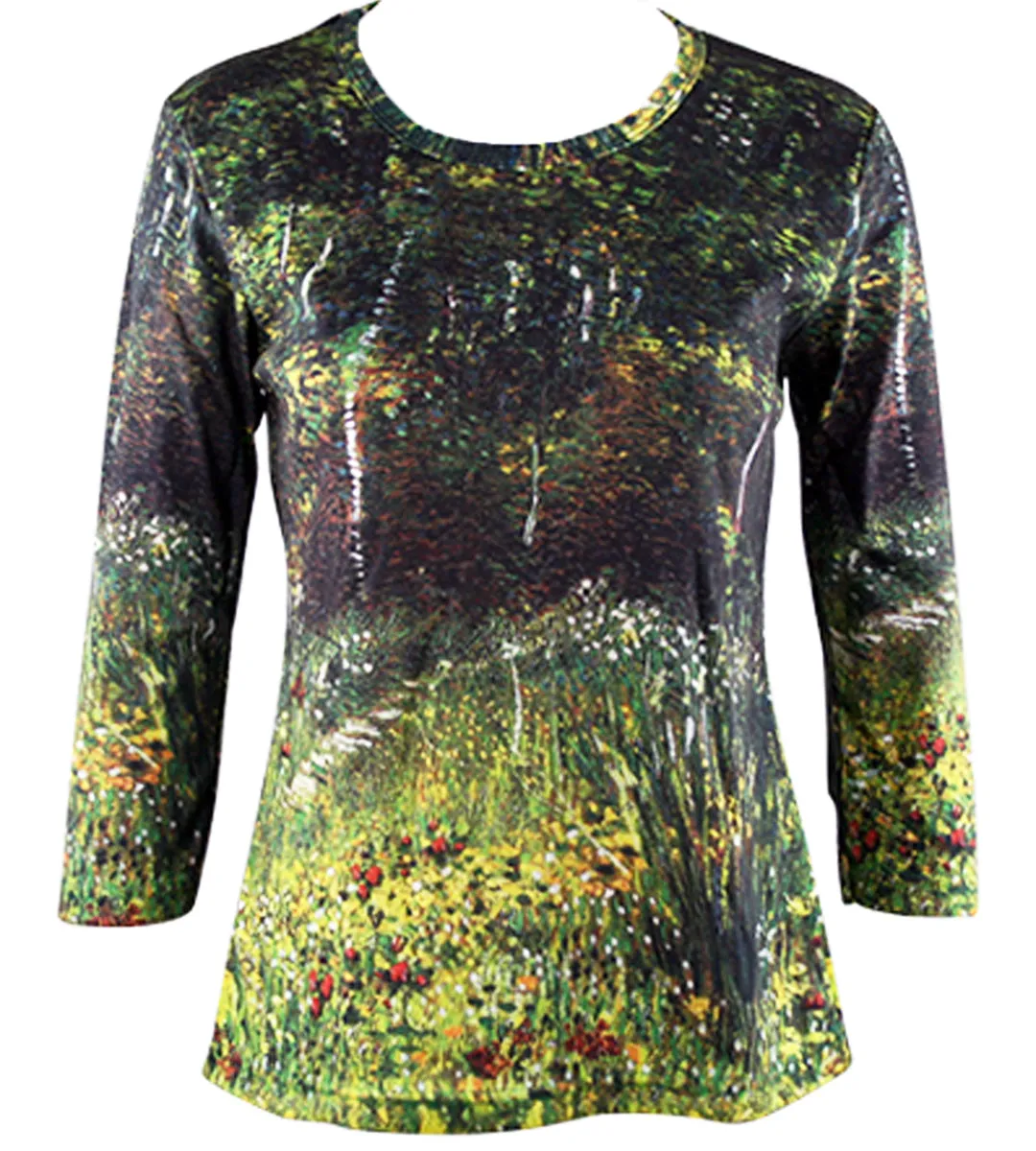 Van Gogh Park at Asnieres in Spring, 3/4 Sleeve, Scoop Hand Silk Screened Artistic Top