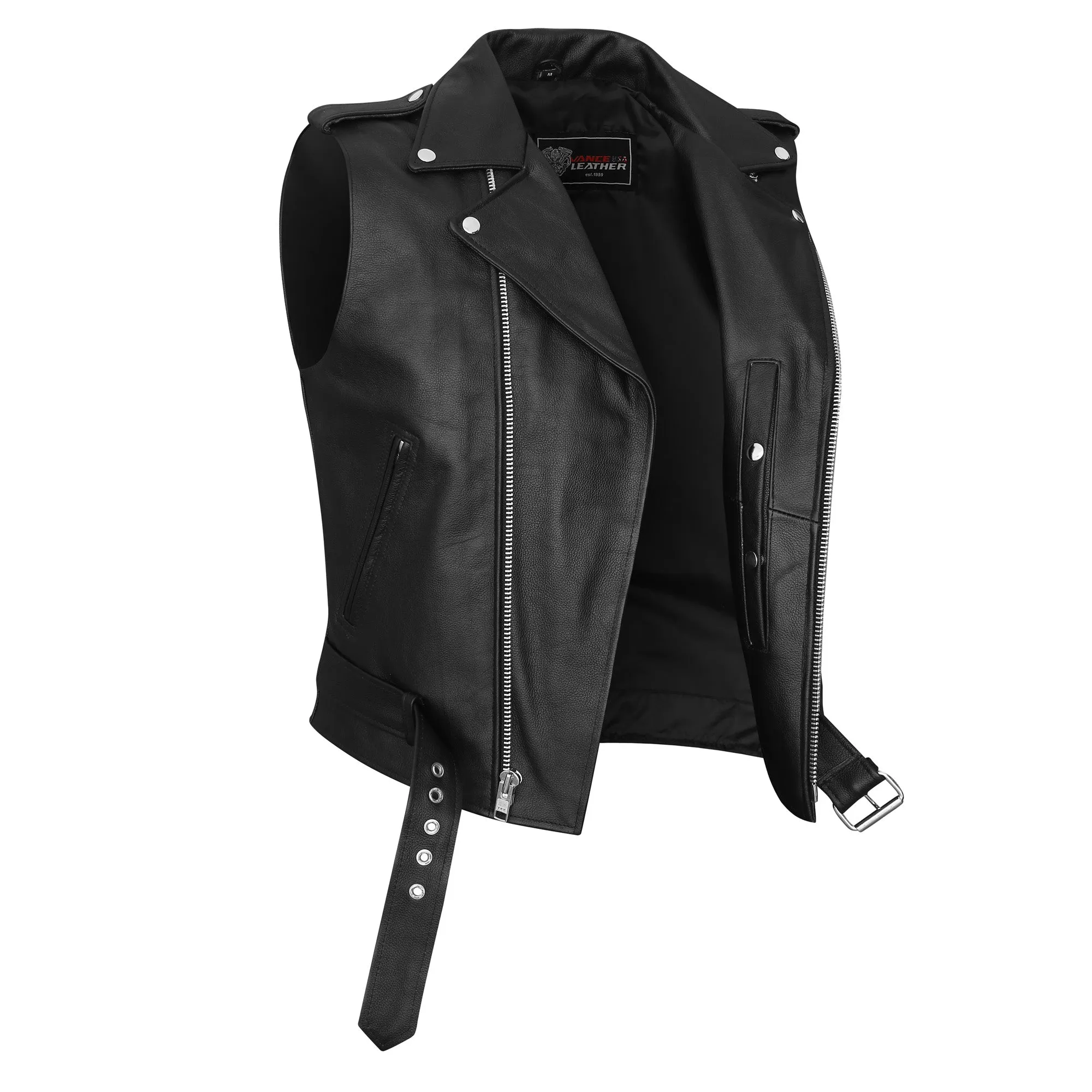 VL926 Men's Premium Naked Leather Classic Motorcycle Vest Plain Side & Belted Waist