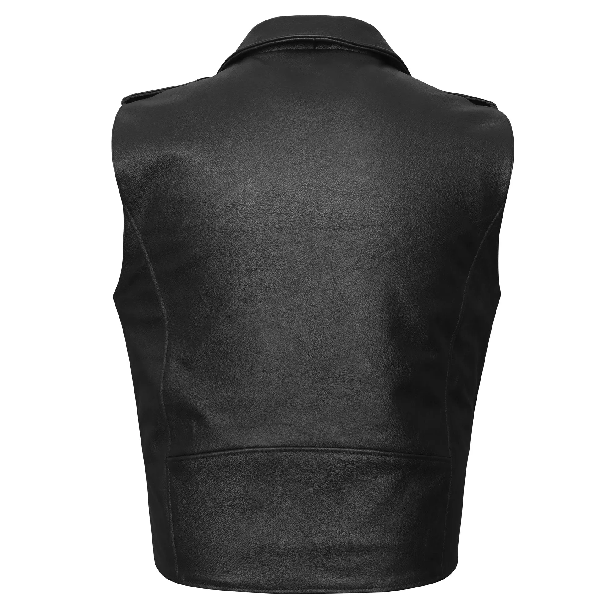 VL926 Men's Premium Naked Leather Classic Motorcycle Vest Plain Side & Belted Waist