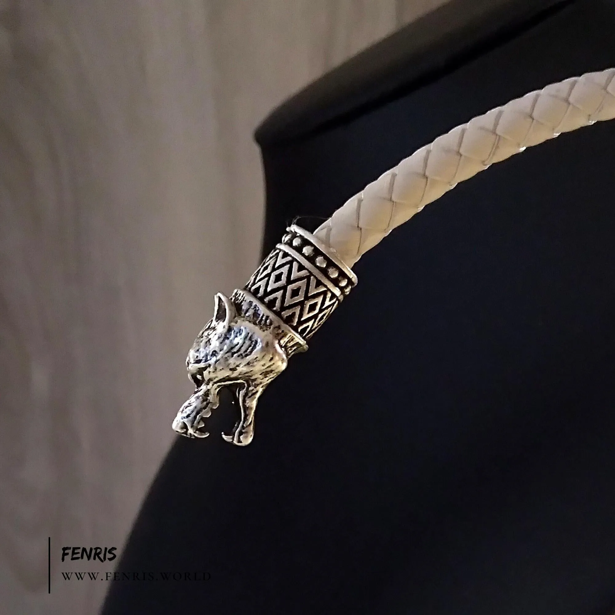 Wolf Torc Necklace White Leather Wedding Silver Nordic - Fenris